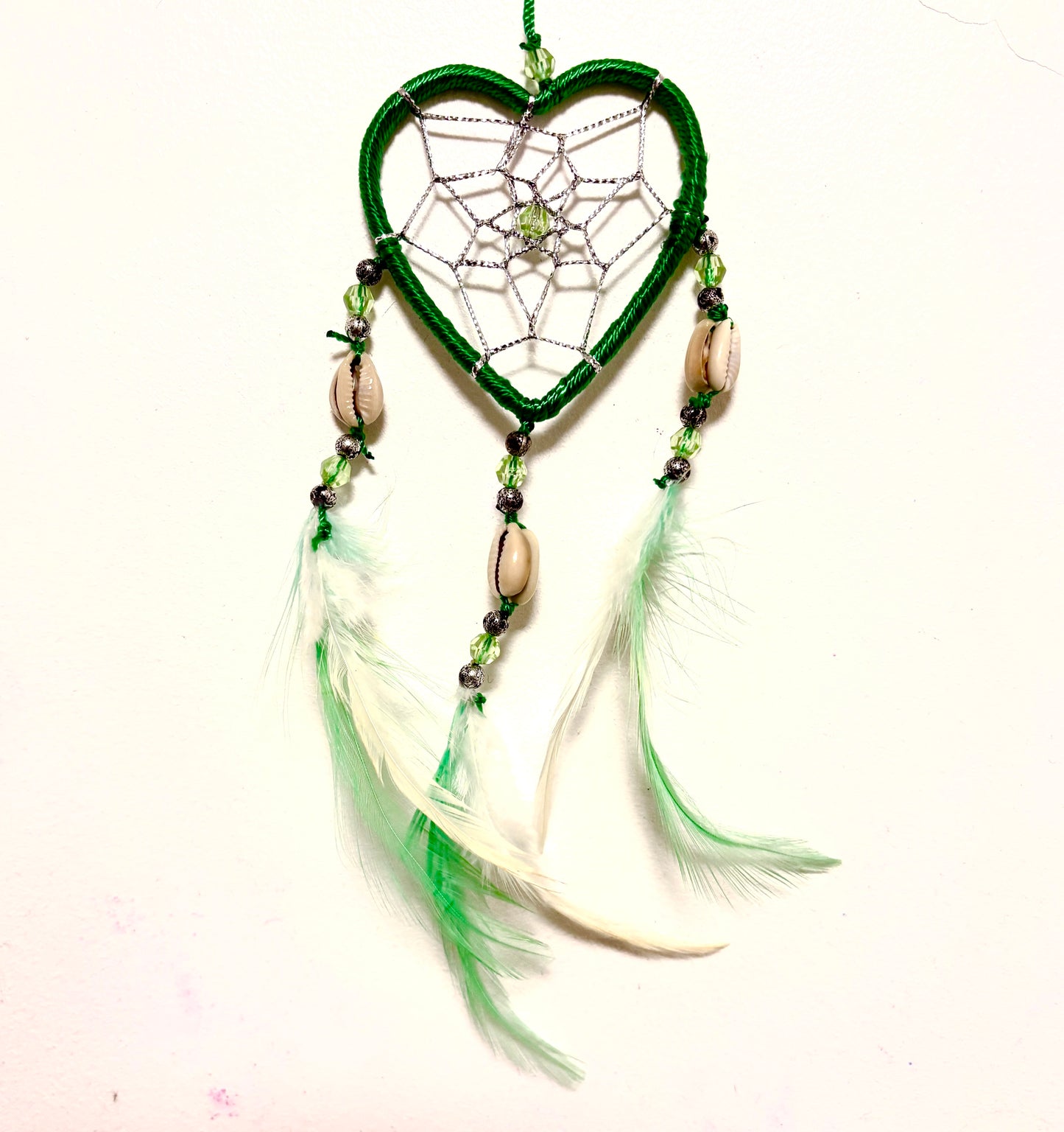 SMALL GREEN HEART DREAM CATCHER WITH SHELL BEADS