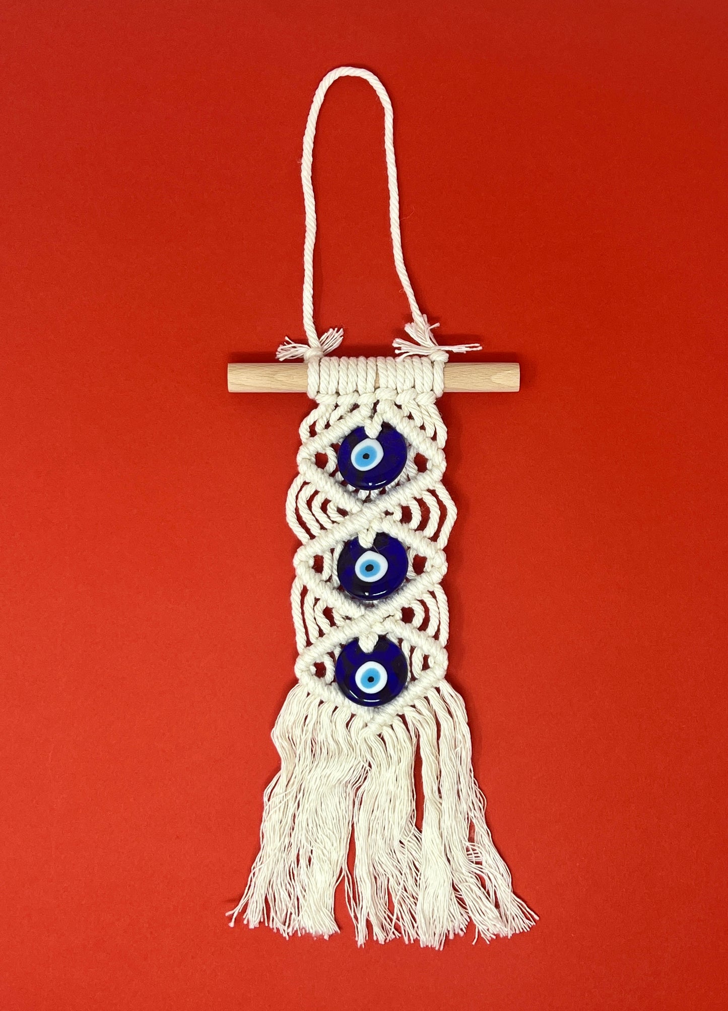 Handmade Bohemian Evil Eye Wall Hanging in Cream White Tapestry With 3 Evil Eye Pendants Perfect Indoor Wall Decoratio