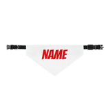 Personalized Clip-On Pet Bandana — Custom Red Name Script White Material
