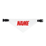 Personalized Clip-On Pet Bandana — Custom Red Name Script White Material