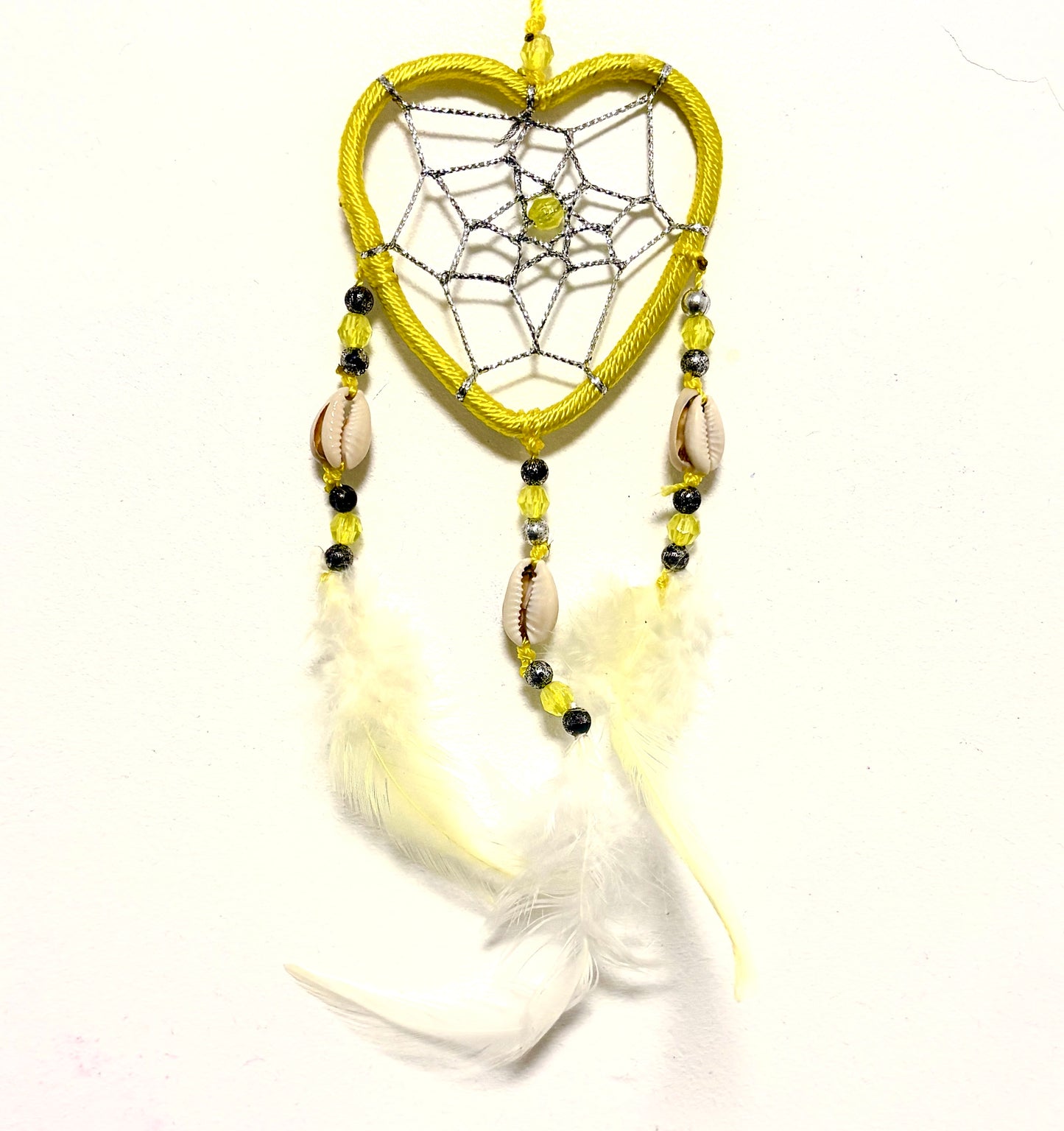 SMALL YELLOW HEART DREAM CATCHER WITH SHELL BEADS
