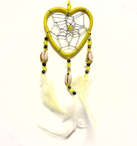 SMALL YELLOW HEART DREAM CATCHER WITH SHELL BEADS