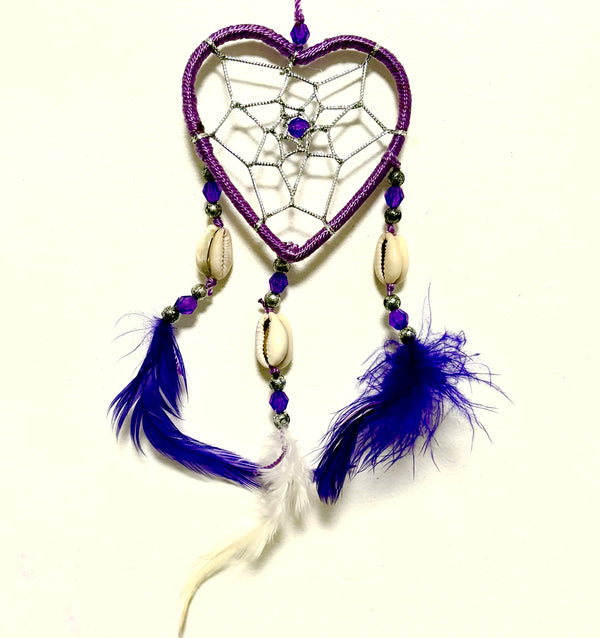 SMALL PURPLE HEART DREAM CATCHER WITH SHELL BEADS