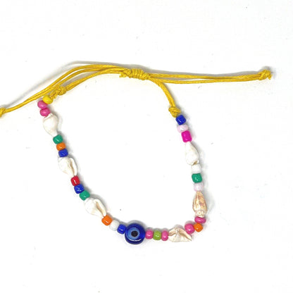Colourful Evil Eye Shell Tie Up Anklet Bracelet with Coloured Beads