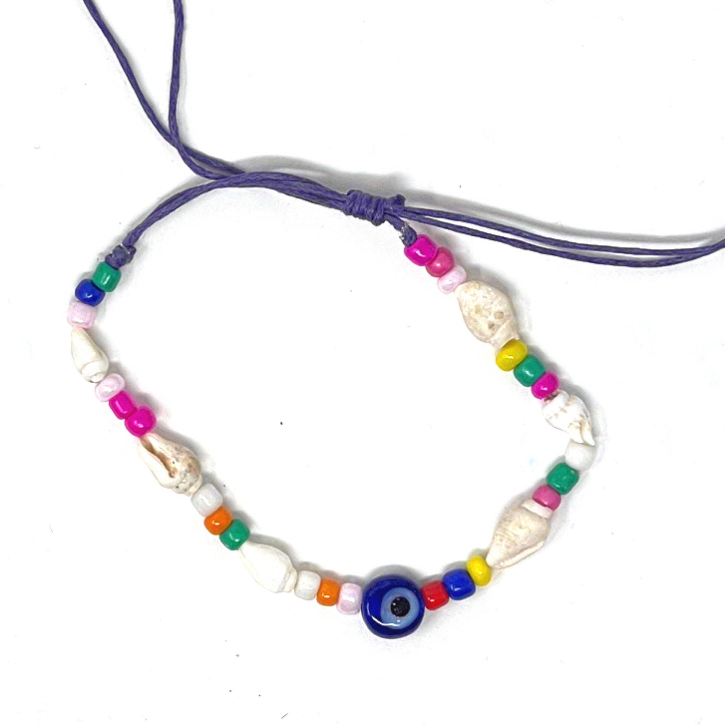 Colourful Evil Eye Shell Tie Up Anklet Bracelet with Coloured Beads