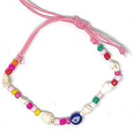 Colourful Evil Eye Shell Tie Up Anklet Bracelet with Coloured Beads