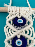 Handmade Bohemian Evil Eye Wall Hanging  in Cream White Tapestry With 3 Evil Eye Pendants Perfect Indoor Wall Decoratio