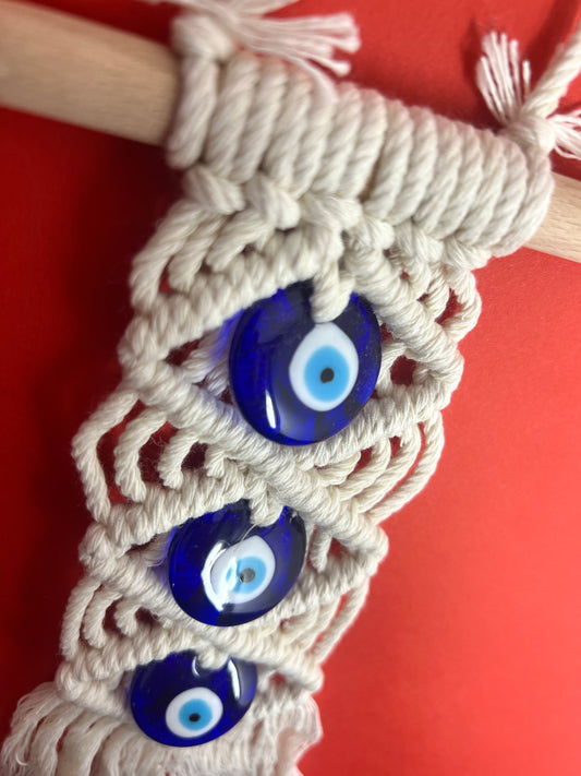 Handmade Bohemian Evil Eye Wall Hanging  in Cream White Tapestry With 3 Evil Eye Pendants Perfect Indoor Wall Decoratio