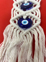 Handmade Bohemian Evil Eye Wall Hanging  in Cream White Tapestry With 3 Evil Eye Pendants Perfect Indoor Wall Decoratio