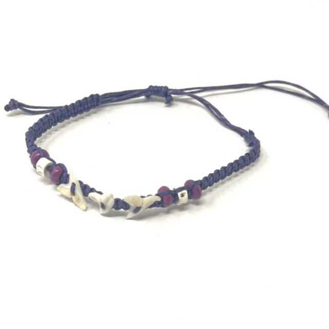 Colourful Cord Tie Up Anklet Bracelet Triple Sharks Tooth and Colourful Beads