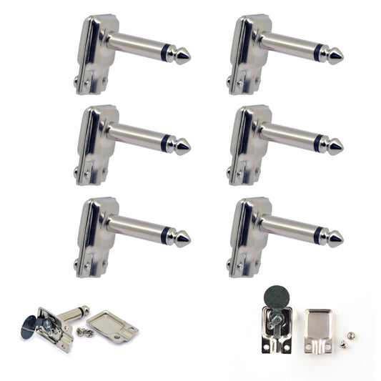 6 x Square Pancake Jack Plugs Nickel Plated Mono Right Angle 1/4 inch Connectors