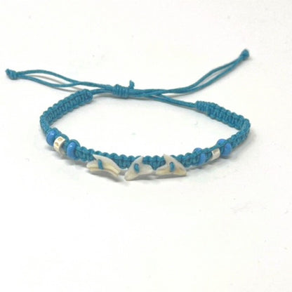 Colourful Cord Tie Up Anklet Bracelet Triple Sharks Tooth and Colourful Beads