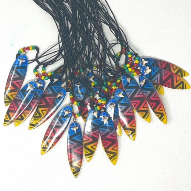 Wooden Surfboard Extending Necklace With Sharks Tooth and Coloured Beads