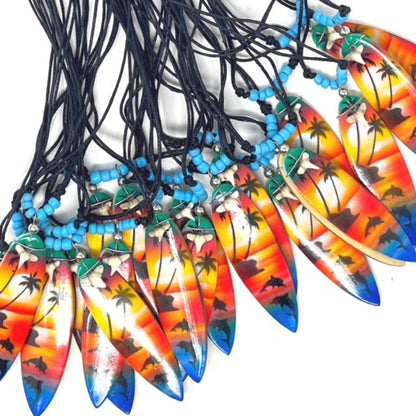 Wooden Surfboard Extending Necklace With Sharks Tooth and Coloured Beads