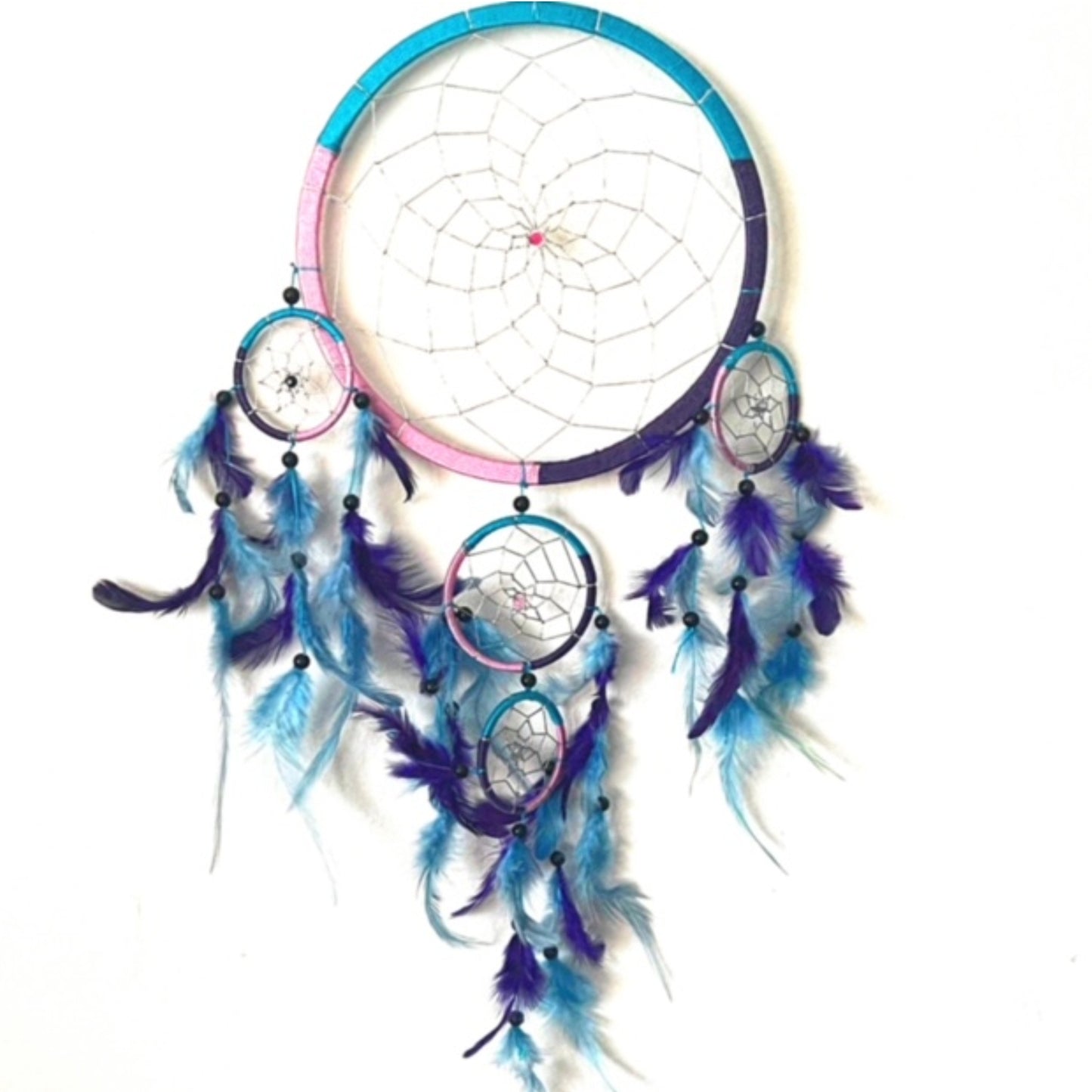 EXTRA LARGE BLUE PINK & PURPLE ROUND DREAM CATCHER 22cm (8.5INCHES) WIDE