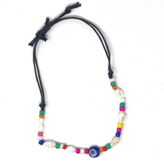 Colourful Evil Eye Shell Tie Up Anklet Bracelet with Coloured Beads