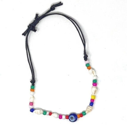 Colourful Evil Eye Shell Tie Up Anklet Bracelet with Coloured Beads