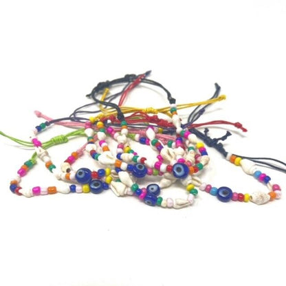 Colourful Evil Eye Shell Tie Up Anklet Bracelet with Coloured Beads