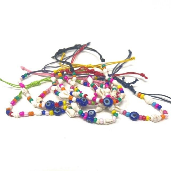 Colourful Evil Eye Shell Tie Up Anklet Bracelet with Coloured Beads