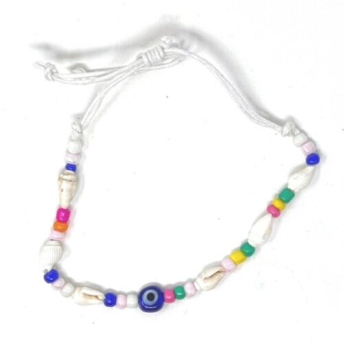 Colourful Evil Eye Shell Tie Up Anklet Bracelet with Coloured Beads