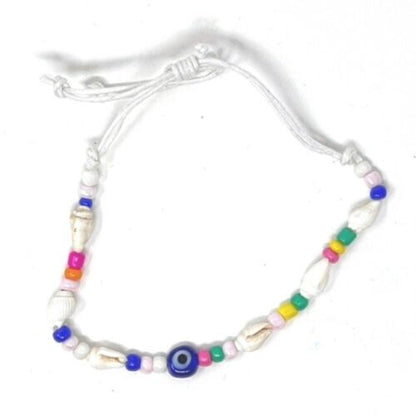 Colourful Evil Eye Shell Tie Up Anklet Bracelet with Coloured Beads