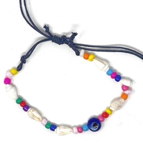 Colourful Evil Eye Shell Tie Up Anklet Bracelet with Coloured Beads
