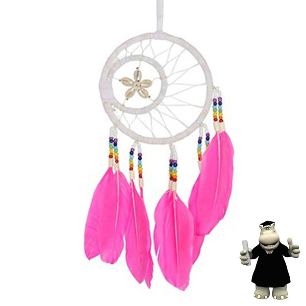 PINK FEATHERED WHITE SHELL ROUND DREAM CATCHER - Smart Hippo
