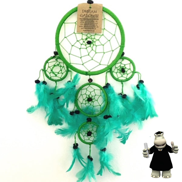 GREEN ROUND DREAM CATCHER GREEN/TURQUOISE FEATHERS