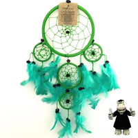 GREEN ROUND DREAM CATCHER GREEN/TURQUOISE FEATHERS